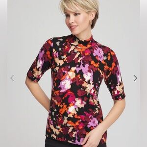 Chico’s Ella Black Floral Mockneck Pullover Painterly Ribbed Knit Sweater